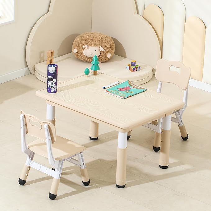 Kids Table and Chairs, Height-Adjustable Toddler Table and Chair Set with 31.5''Lx23.6''W Graffiti Desktop, Table Chair for Ages 3-8, Childrens Table and Chair Set for Daycare with 2 Chairs