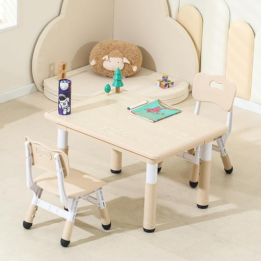 Kids Table and Chairs, Height-Adjustable Toddler Table and Chair Set with 31.5''Lx23.6''W Graffiti Desktop, Table Chair for Ages 3-8, Childrens Table and Chair Set for Daycare with 2 Chairs
