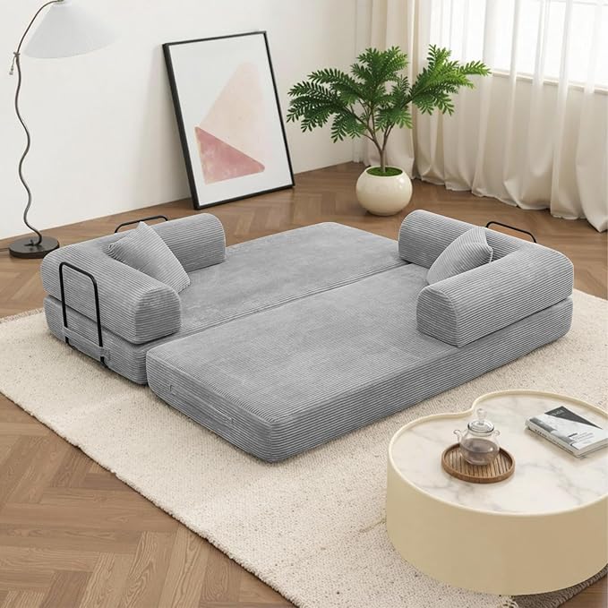 Rovibek 4-in-1 Convertible Sleeper Sofa Bed Queen Size, Foldable Floor Couch Corduroy, Folding Futon Sofa Beds with Pillow and Fixed-Shape Frame, Suitable for Living Room, Bedroom, Lounge, Light Grey