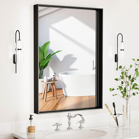 20”x 28” Black Bathroom Mirrors for Over Sink, Square Corner Rectangle Mirror, Bathroom Vanity Mirror, for Bedroom Living Room Entryway Decor, Tempered Glass, Hangs Horizontal/Vertical