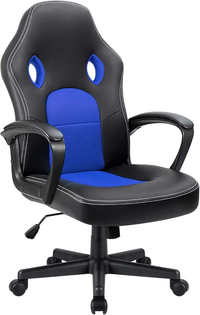 Furmax Blue Leather Office Chair with Adjustable Swivel Base, Padded Armrests and Lumbar Support