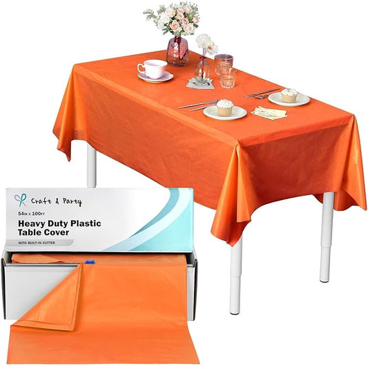 Craft And Party, 54 in x 100 feet Plastic Table Cover Roll for Party, Banquet, Picnic, Kids Activities for Any Size and Shape Table (Orange, 54" x 100ft)