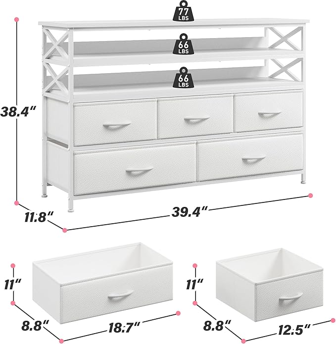 White Dresser TV Stand for 50" TV, Sturdy Dresser for Bedroom with 5 Fabric Drawers and Wood Open Shelves, Chest of Drawers Storage Dressers for Entryway, Closet, 11.8" D x 39.4" W x 38.4" H