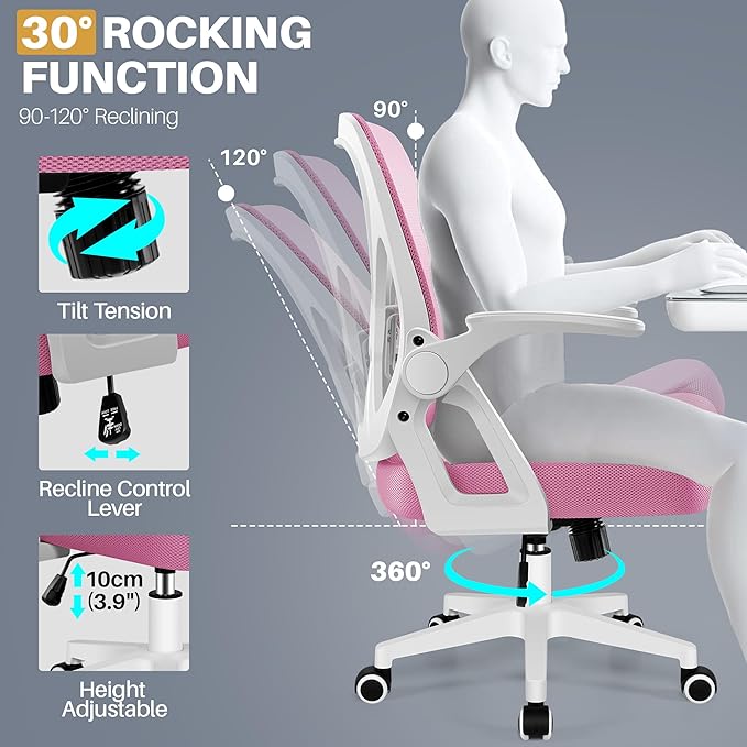 FelixKing Office Chair - Ergonomic Desk Chair Breathable Mesh Task Chair with Wheels and Lumbar Support Home Desk Office Chair with Flip up Armrest Rolling Swivel Computer Chair for Home Office Pink