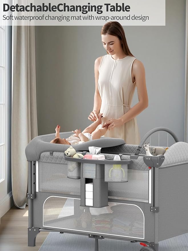 Baby Bassinet, Pack and Play, 4-height Adjustable Bedside Crib Sleeper, Diaper Changing Table with Diaper Pads, Zipper Door, Mosquito Net, Bottom Storage, and Toy Shelf for Newborn to Toddler, Grey
