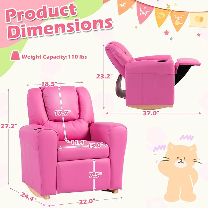 AVAWING Kids Recliner Chair with Cup Holder, Leather Toddler Recliner with Adjustable Backrest, Curved Rocking Legs and Comfy Armrests for Bedroom or Nursery, Pink