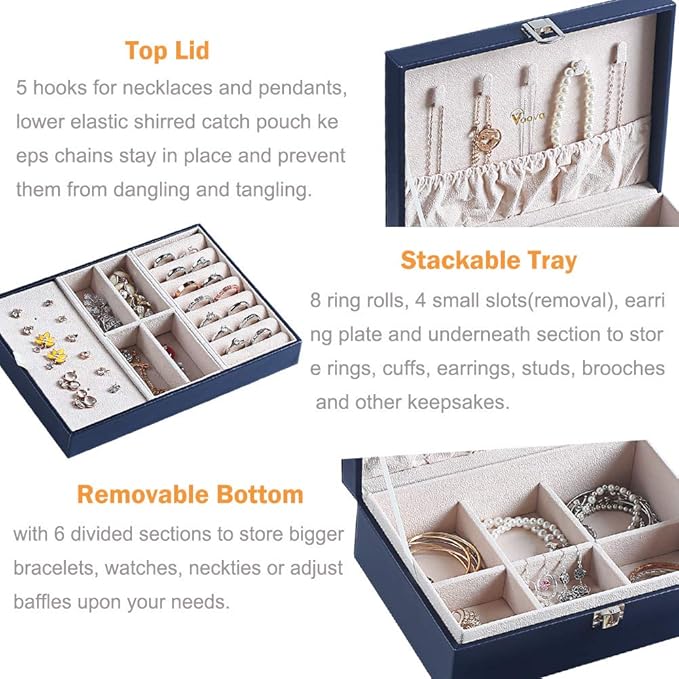 Voova Jewelry Box Organizer for Women Girls, 2 Layer Large Men Jewelry Storage Case,PU Leather Display Jewellery Holder with Removable Tray for Necklace Earrings Rings Bracelets，Vintage Gift，Navy Blue