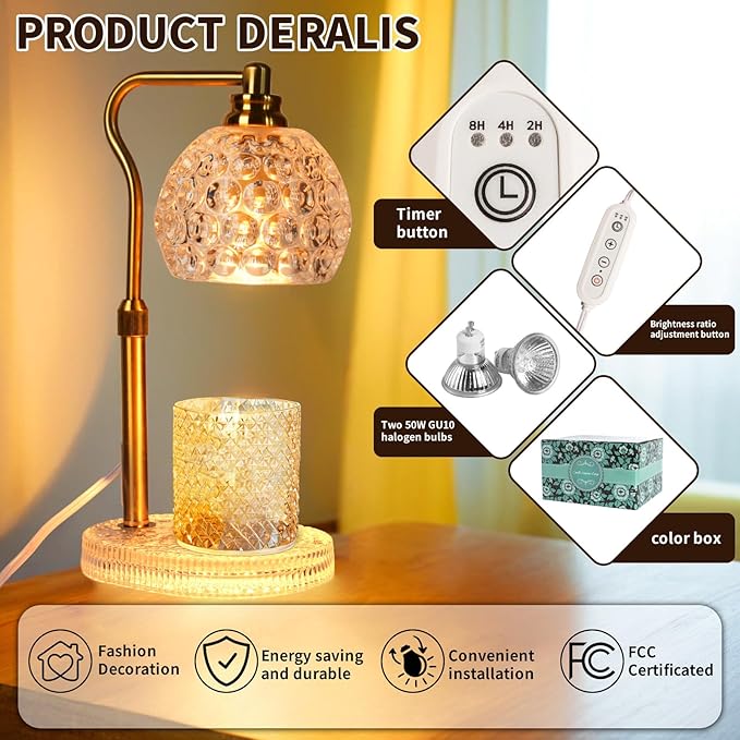 Candle Warmer Lamp with Timer: Adjustable Height and 4 Dimmer, Crystal Glass Base, Heater Wax Warmer for Jar Scented, Home Décor and Housewarming & Birthday Gift for Mom Woman, 2 Bulbs (White Round)