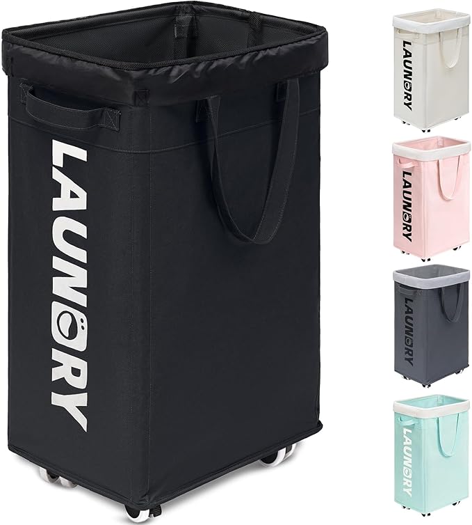 Goodpick Laundry Hamper with Wheels, 75L Dirty Clothes Hamper with Removable Wash Bag for Laundry Room, Black Rolling Laundry Basket
