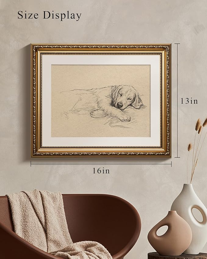 VIYYIEA Gold Framed Wall Art, Sleeping dog Canvas Print Home Decor Vintage Art Painting Picture Bathroom Wall Decor, Animals Artwork for Living Room Bedroom Kitchen Office - 16L x 13W