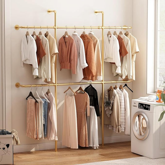 Gold Pipe Clothing Rack Wall Mounted, Industrial Pipe Clothes Racks with 6 Hanging Rods, Heavy Duty Clothing Racks for Laundry Room, Closet Systems for Walk in Closets