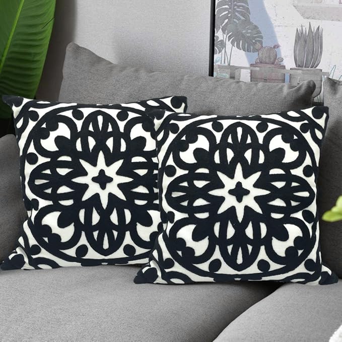 Alysheer Embroidered Decorative Throw Pillow Covers 18"x18" Set of 2 Pieces, Classic Boho Mandala Knit Pattern, Durable 100% Cotton Canvas Cozy Cushion Cases for Sofa Couch Living Room (Black)