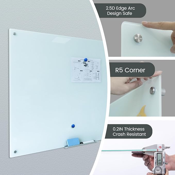 Glass Whiteboard 48"X36" Magnetic Glass White Board Frameless Wall Mounted Dry Erase GlassBoard for Office School Home