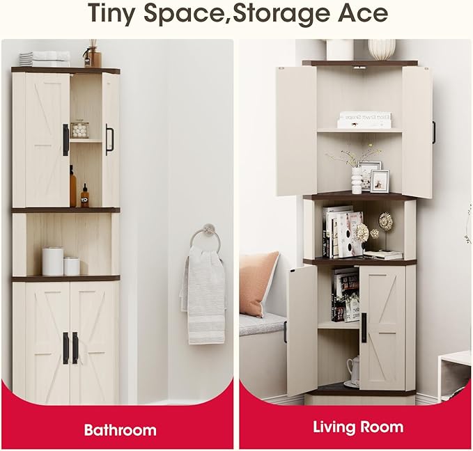 68.5" Tall Farmhouse Corner Cabinet with 4 Doors and 5 Storage Shelves, Farmhouse Storage Cabinet with Barn Door Design, Home Space Saver for Living Room, Kitchen