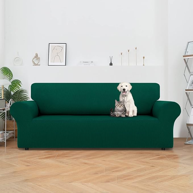 LURKA Stretch Sofa Slipcovers 1 Piece Couch Covers for 3 Cushion Couch Sofa Furniture Protector Full Sofa Covers with Elastic Bottom for Kids and Dog (Dark Green, Large)