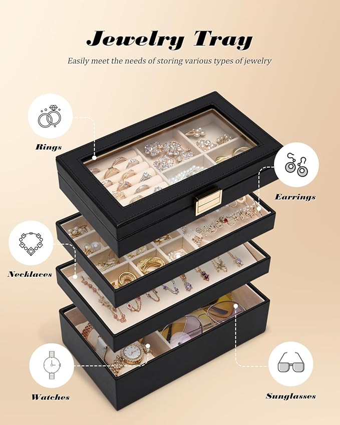 Homde Jewelry Tray Stackable Jewelry Box Drawer Organizer with Glass Lid, Removable Dividers for Vanity Table Gift Idea for Girls and Women (Black)