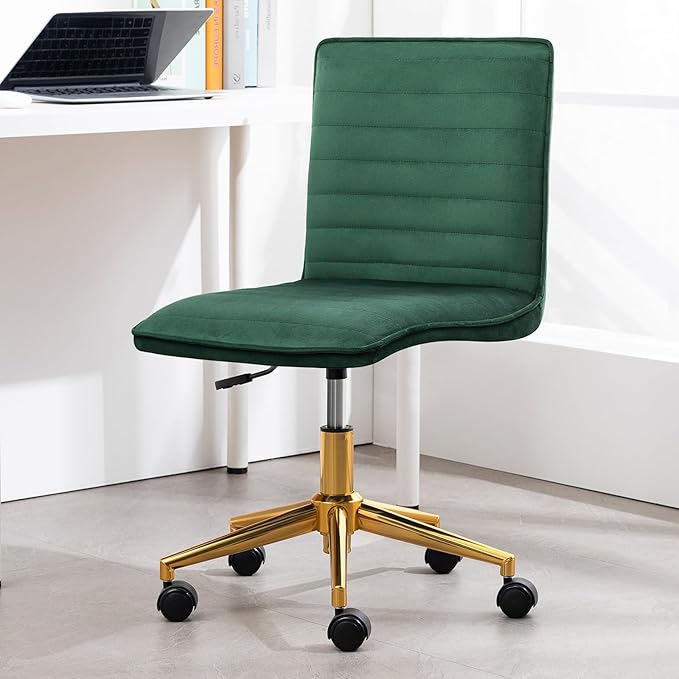 Furniliving Armless Vanity Chair with Wheels, Computer Rolling Desk Chair with Back Soft Velvet Fabic Height Adjustable Gold Metal Base Swivel Stool Chairs,DarkGreen