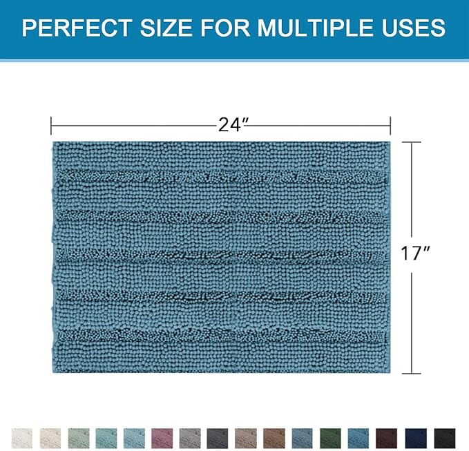 H.VERSAILTEX Bathroom Rugs Bath Rugs for Bathroom Non Slip Bath Mats Extra Thick Chenille Striped Rug 17" x 24" Absorbent Soft Shaggy Washable Dry Fast Bath Mats for Bath Room Floor - Turquoise Blue
