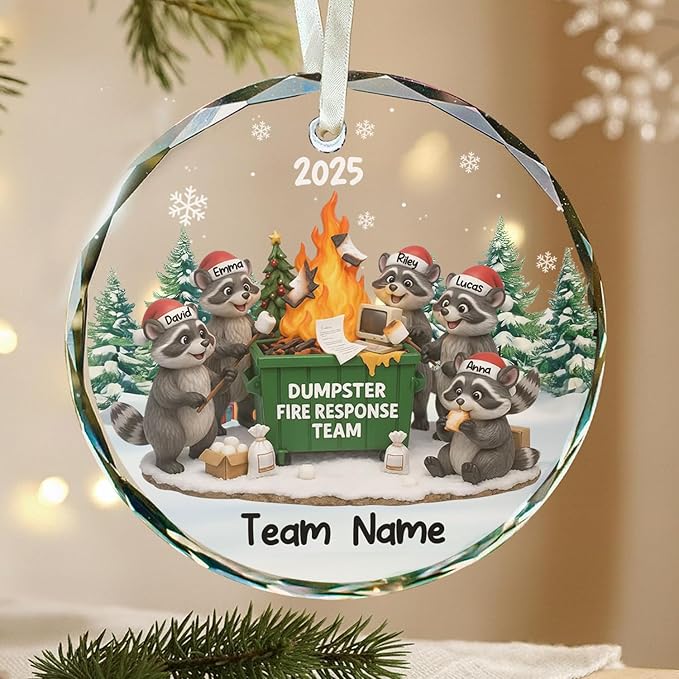 NAZENTI Personalized Funny Raccoon Fire Response Ornament, Custom Burning Dumpster Holiday Decoration, Coworker Christmas Glass Hanging Gift