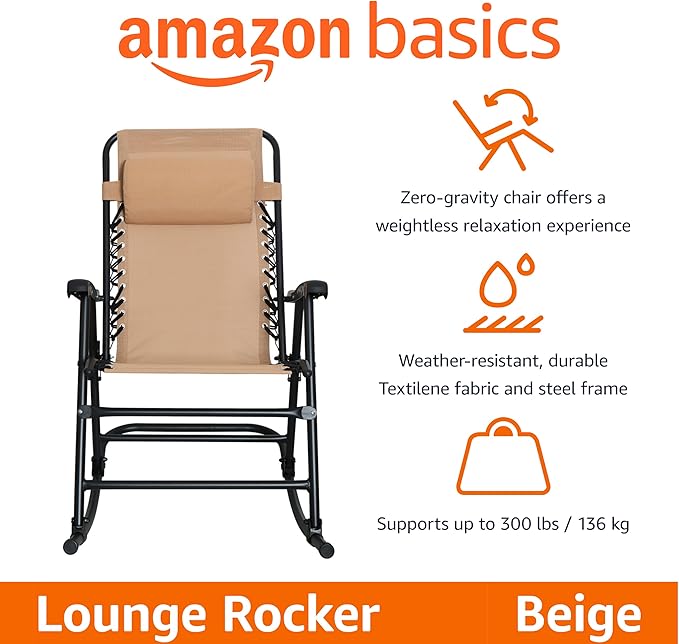 Amazon Basics Outdoor Patio Folding Reclining Lounge Rocking Chair with Pillow, Affordable Folding Chairs for Outside, Beige, 33.6 x 37.4 x 26 inch