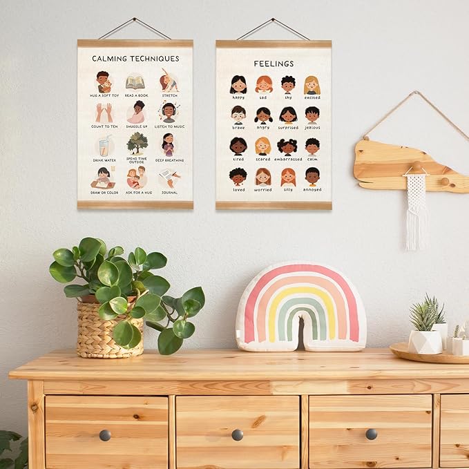 Feelings Chart & Emotional Learning Poster, Hanging Linen Canvas Wall Art with Solid Wood Frame, Montessori Social Skills Poster for Kids, Home & Classroom Decor – 2Piece Set 12x16 Inches (Feelings)