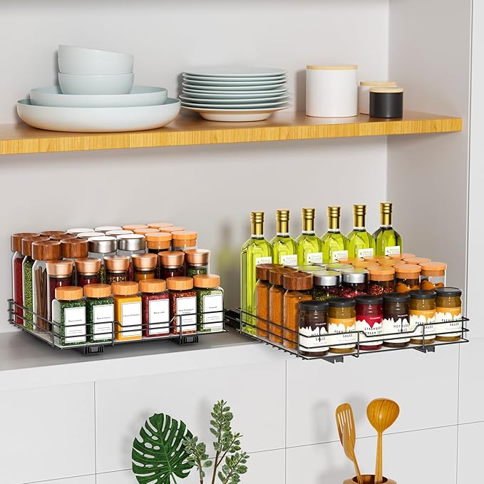 RCHYFEED Pull Out Spice Rack Organizer for Cabinet,Slide out Spice Organization for Inside Cabinets,Heavy Duty Seasoning Organizer Fits Kitchen and Pantry,Sauces,Canned (12.5''Wx10.5''Dx2.5''H)