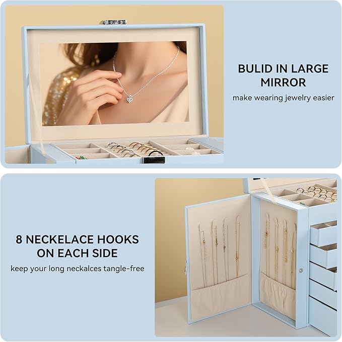 Frebeauty Large Jewelry Box,6-Tier PU Leather Jewelry Organizer,Multi-functional Storage Case with Mirror,Accessories Holder with 5 Drawers for Necklace Bracelets Watches(Sky Blue)