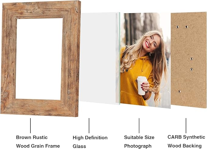 4x6 Picture Frame Set of 4, High Definition Real Glass Rustic Brown Frame, 4 x 6 Photo Frames for Tabletop Display and Wall Mounting