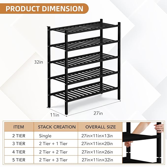 5 Tier Bamboo Shoe Rack Storage Organizer for Closet, Multifunctional Stackable Free Standing Shoe Shelf Organizer for Small Space,Entryway, Hallway, Bathroom27 x11 x32 (Black, 5 Tier)