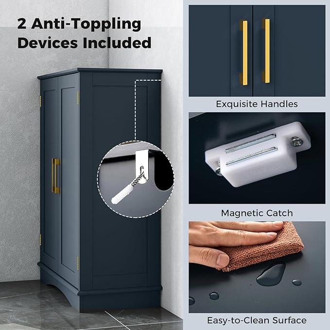 Tangkula Bathroom Floor Storage Cabinet, 31.5" H Freestanding Pantry Cabinet with 2 Doors and Adjustable Shelves, Kitchen Cupboard for Living Room, Dining Room, Bathroom (Navy Blue, 31.5" H)