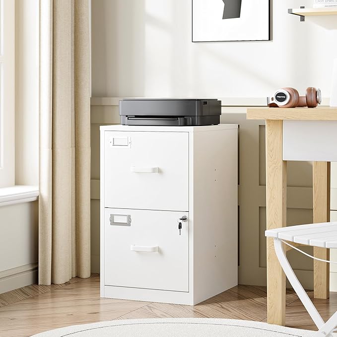 2 Drawer File Cabinet with Lock,Metal File Cabinets for Home Office, Under Desk File Cabinet for A4/Letter/Legal Size (White)