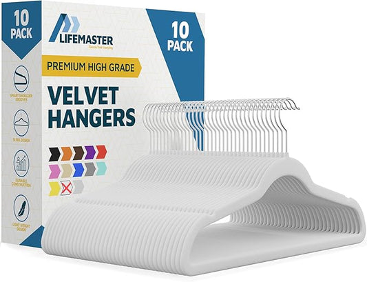 Velvet Clothes Hanger – with 360 Degree Swivel Hook and Non-Slip Shoulder Notch, Holds Up to 10 lbs, Heavy Duty Hanger Set, for Organizing Suit, Dress, Coat, and Clothes, Pack of 10, White