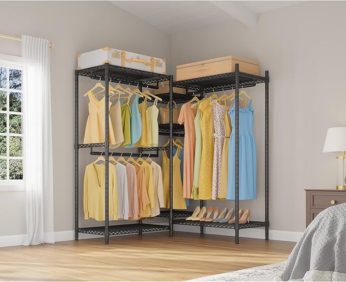 VIPEK L6 Heavy Duty Clothes Rack L Shape Clothing Rack 5-Tier Wire Garment Rack Freestanding Closet with 7 Adjustable Shelves & 4 Hanging Rods, 46.5" L x 46.5" W x 76.4" H, Max Load 850LBS, Black