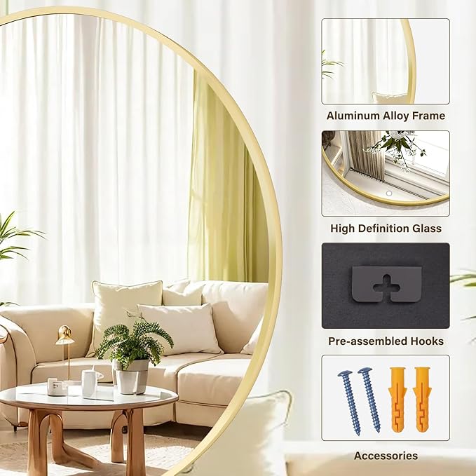 40 Inch Round Mirror - Circle Mirrors for Bathroom, Entryway and Living Room Wall Decor, Modern Hanging Vanity Mirror, Matte Gold Circle Decorative Wall Mirror