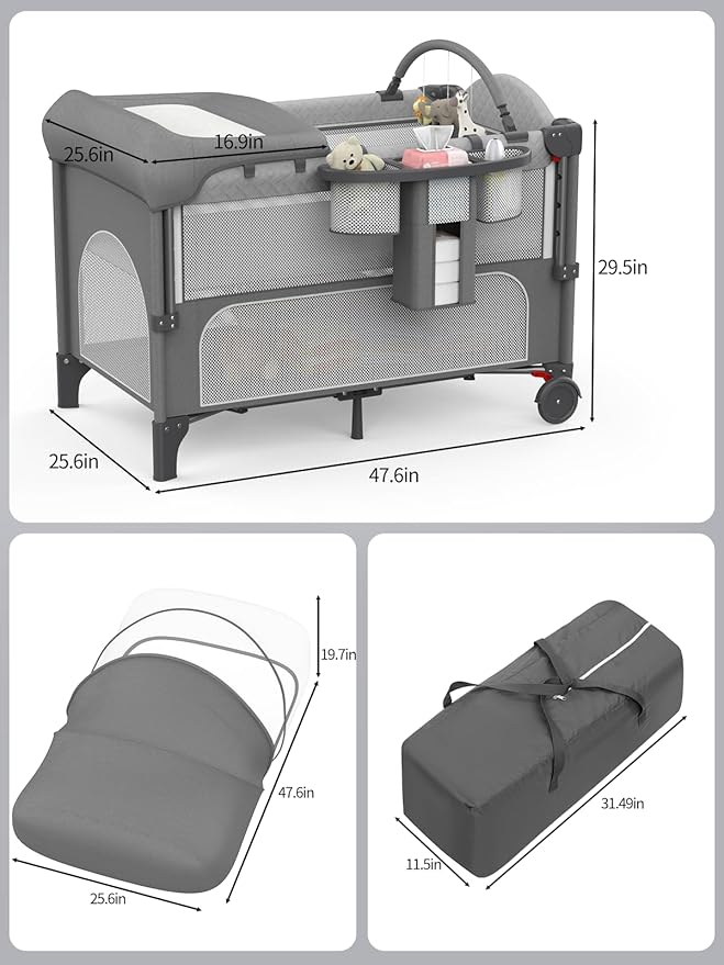 Baby Bassinet, Pack and Play, 4-height Adjustable Bedside Crib Sleeper, Diaper Changing Table with Diaper Pads, Zipper Door, Mosquito Net, Bottom Storage, and Toy Shelf for Newborn to Toddler, Grey