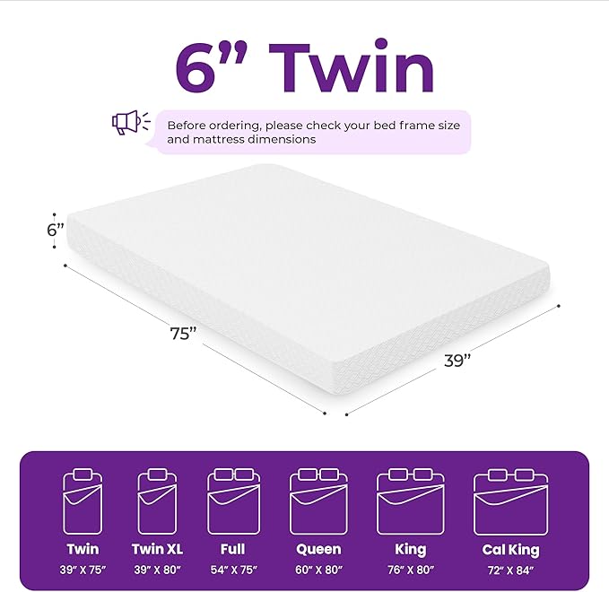 GAESTE 6 Inch Twin Cooling Memory Mattress Medium Firm CertiPUR-US Certified Foam, Pressure Relief & Cool Sleep Mattress-in-a-Box Comfort & Supportive Fiberglass Free (Twin, 6 in)