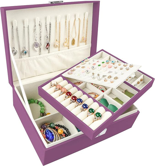 Homeanda Jewelry box 2 layer Jewelry box Leather Jewelry boxes for Women Girls Teens Jewelry organizer box Jewelry Storage box with lock(Purple)