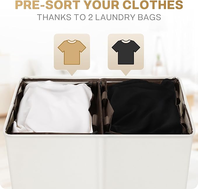 SOLEDI Luxury Double Laundry Hamper with Lid and Removable Bags, Large Hamper for Laundry, Laundry Basket 2 Sections, Collapsible Ditry Clothes Hamper for Bedroom, Laundry Room, Bathroom, Off-white