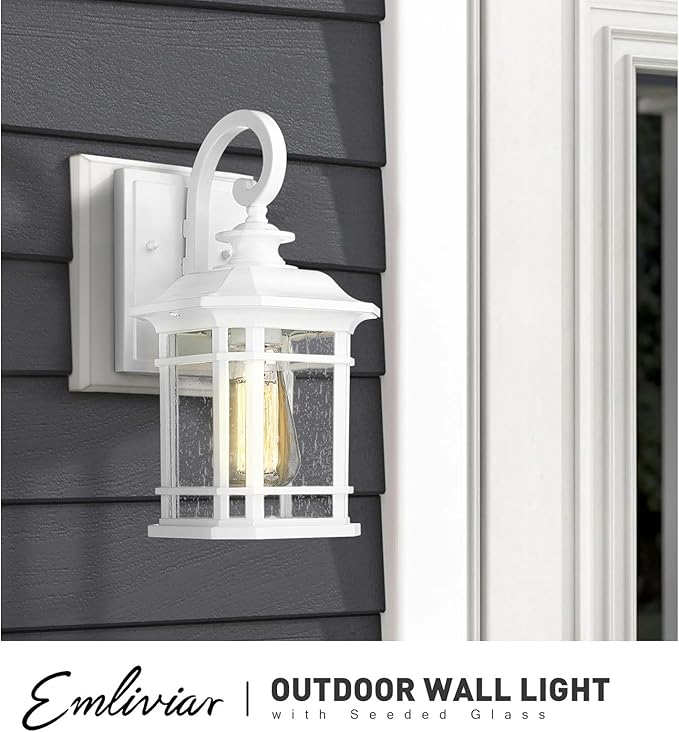 Emliviar 2 Pack Farmhouse Exterior Lights for House, 1-Light Modern Outdoor Wall Lights with Seeded Glass, White Finish, 2084B-2WH
