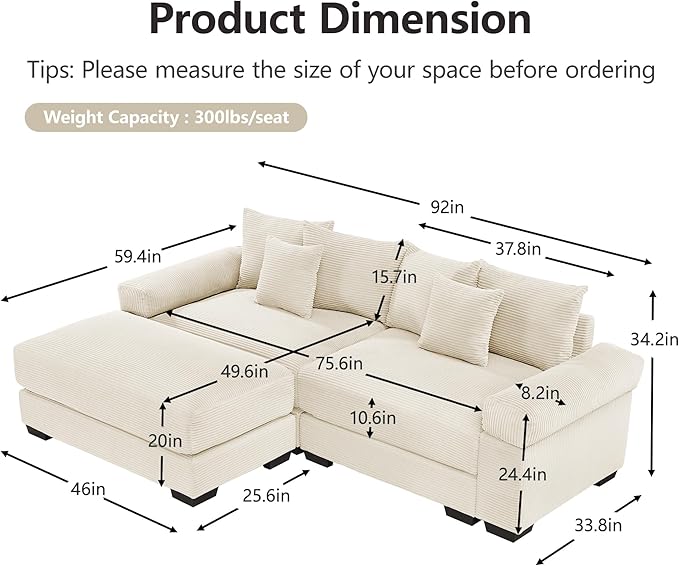 KEIKI 83" L-Shaped Oversized Corduroy Modular Sectional Loveseat Sofa with 1 Ottoman, High-Density Foam Cushion, Extra-Thick Armrest, 2-Seater Fluffy Corner Couch with 6 Pillow, for Living Room, Beige