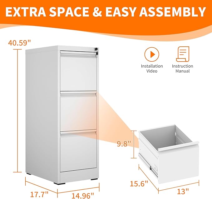 3 Drawer File Cabinet with Lock,White Metal Filing Cabinets Heavy Duty Locking Vertical File Cabinet Home Office Steel Storage Cabinet for Legal/Letter Size File,Assembly Required