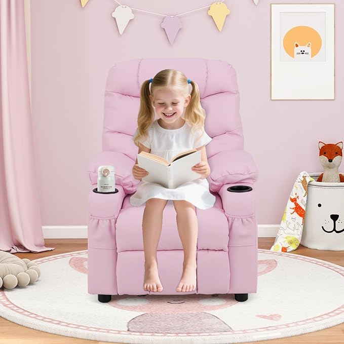 GLACER Kids Recliner Chair w/Cup Holder & Side Pockets, Children Recliner w/Comfortable Backrest, Armrests & Footrest, Toddler PU Leather Recliner for Boys Girls, 3+ Age Group (Pink)