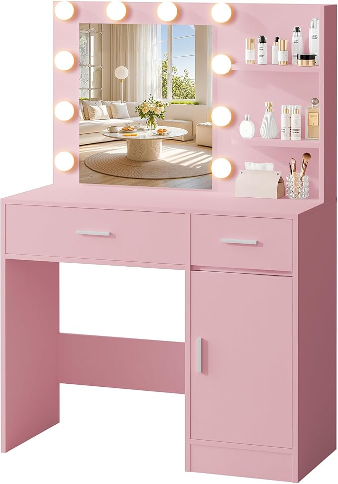 Lighted Makeup Vanity Desk, 35.4“W x 15.7'”D x 54“H, Pink (with Lights and Mirror, Dimming Fuction, 2 Drawers and 1 Cabiniet, Open Shelves)