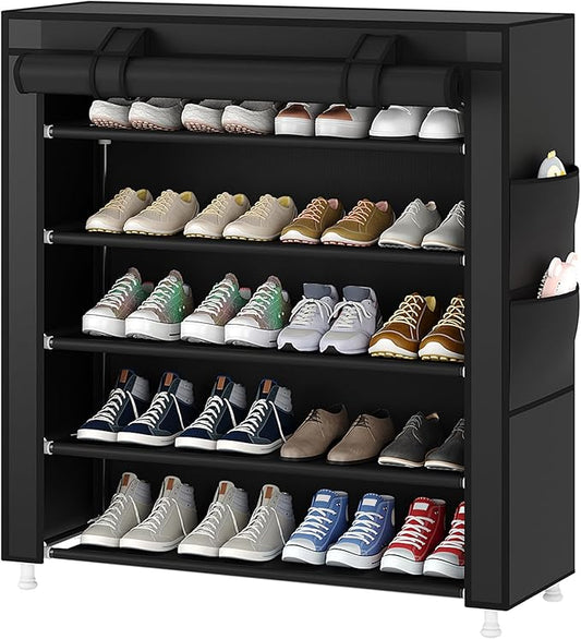 Laiensia 5-Tier Vertical Shoe Rack Organizer, Space Saving Shoe Storage Organizer, Non-Woven Cover Shoe Shelf Holds 20-25 Pairs for Bedroom, Hallway, Closet Entryway, Black