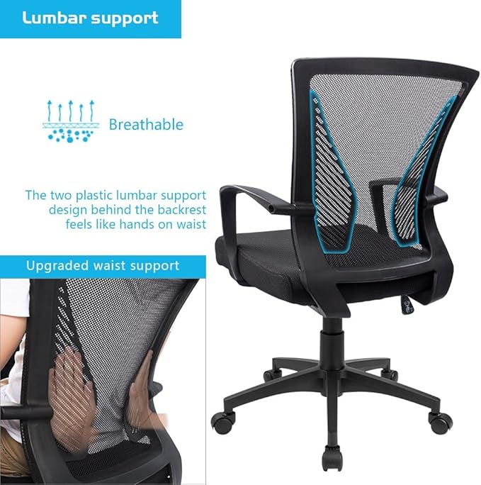 Furmax Office Chair Ergonomic Computer Desk Mesh Chair Mid Back Swivel Lumbar Support with Armrest (2, Black)