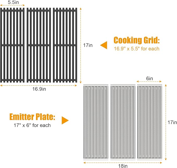 BBQ-PLUS 17'' x 6" Stainless Steel Infrared Emitter Plate and Cast Iron Grill Grates Replacement for Charbroil TRU-Infrared 2015 and Newer Commercial,Signature, Professional Series Gas Grill