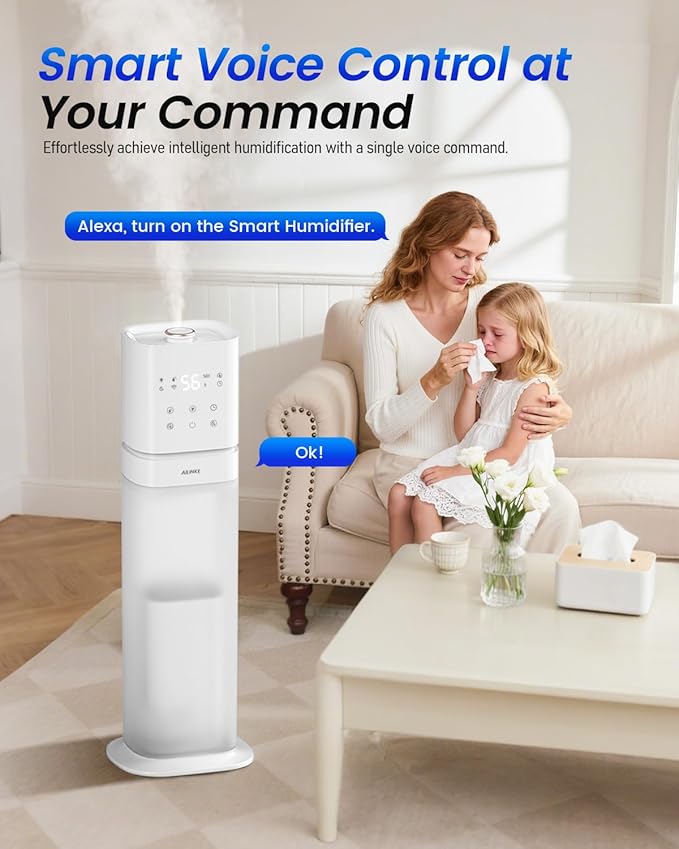 Smart Humidifier Large Room, 2.1Gal/8L Humidifiers for Bedroom with Extended Tube&Night Light, Whole House Cool Mist Humidifiers, WIFI App&Voice Control, School/Office/Warehouse, White