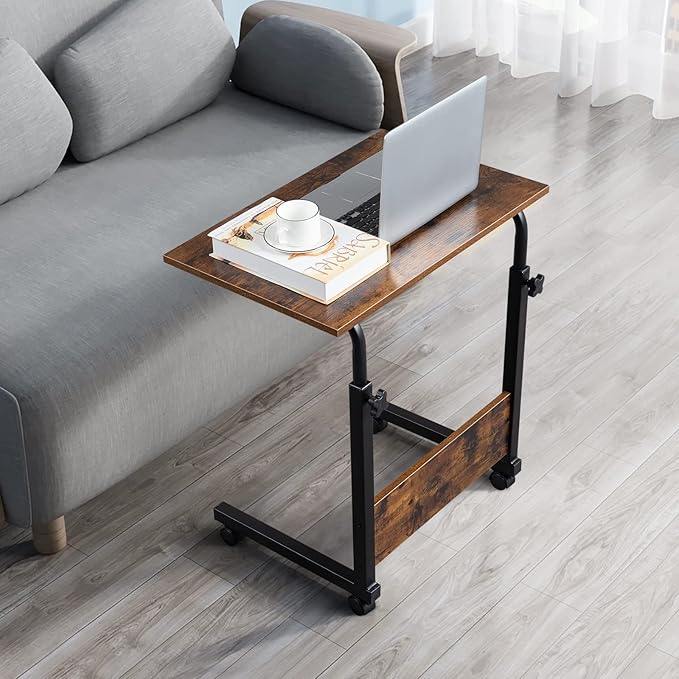 Goujxcy Sofa Side Table C Shaped End Table with Wheels, Rolling Bedside Laptop Table Snack Table TV Tray, Height Adjustable, Wooden Top & Metal Frame