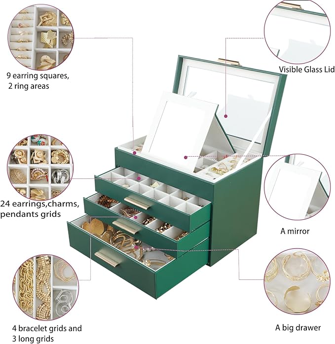 BOOVO Jewelry Boxes for Women, White and Black 6 Layer Large Jewelry Box for Necklace, Bracelet, Earrings, Rings Storage, Jewelry holder Organizer for Girls Gift (Dark Green, 4 layer)