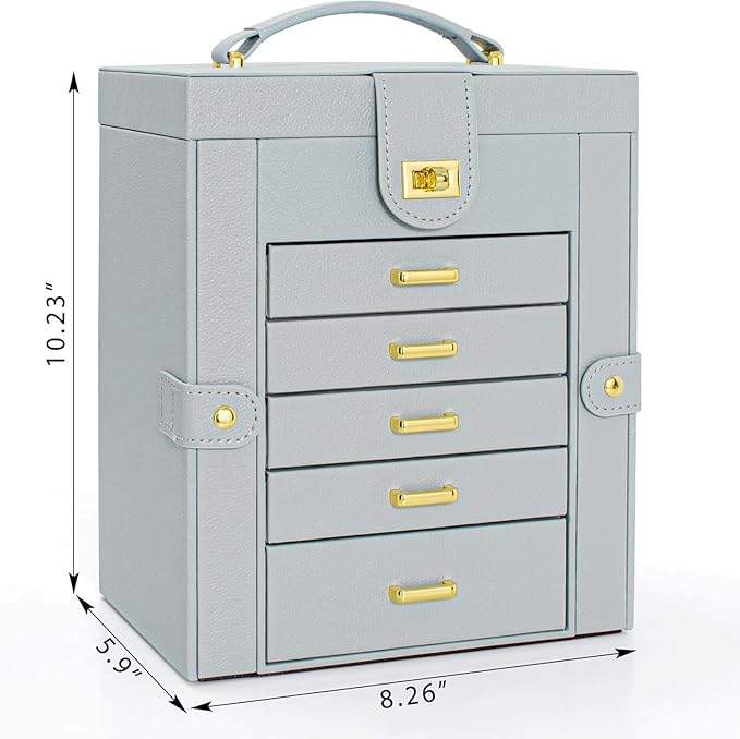 AKOZLIN Functional 6-Tier Jewelry Box Organizer with 5 Drawers Leather Jewelry Storage Case for Women Girls Ring Necklace Earring Bracelet Holder Organizer with Mirror Grey